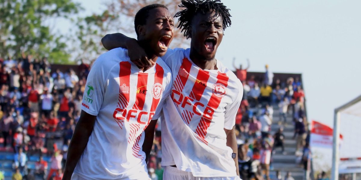 Chawanangwa Gumbo and Lloyd Aaron celebrating FCB Nyasa Big Bullets' second goal scored by the former against Bangwe All Stars in the TNM Super League at Mpira Stadium
