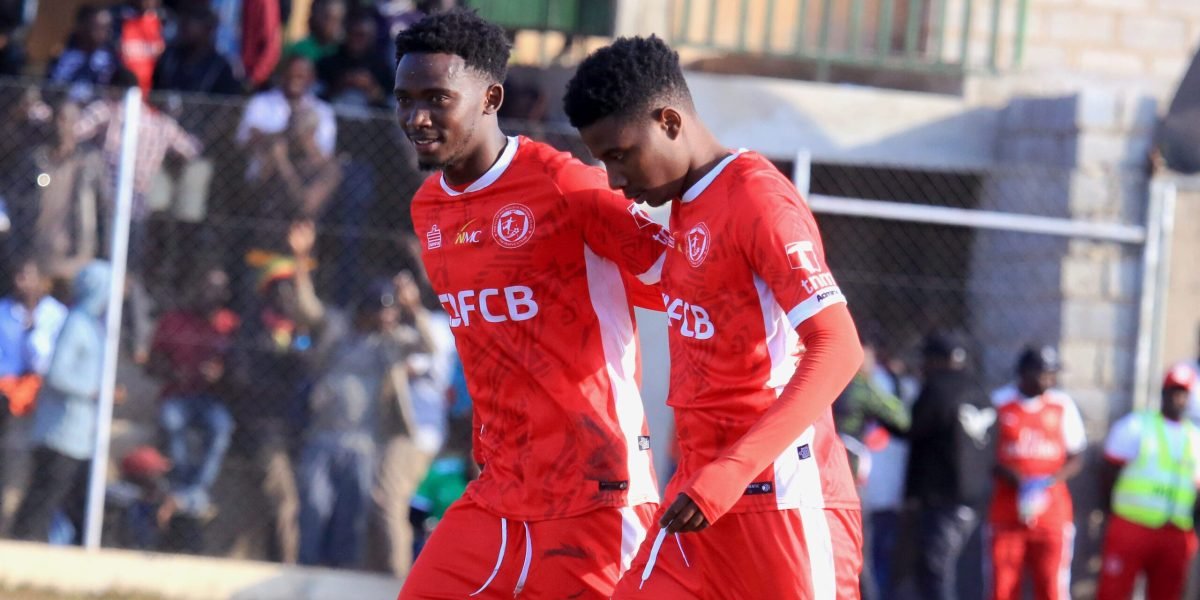 Chikumbutso Salima and Peter Banda celebrating the lone strike as FCB Nyasa Big Bullets defeated Mafco 1-0 in the TNM Super League