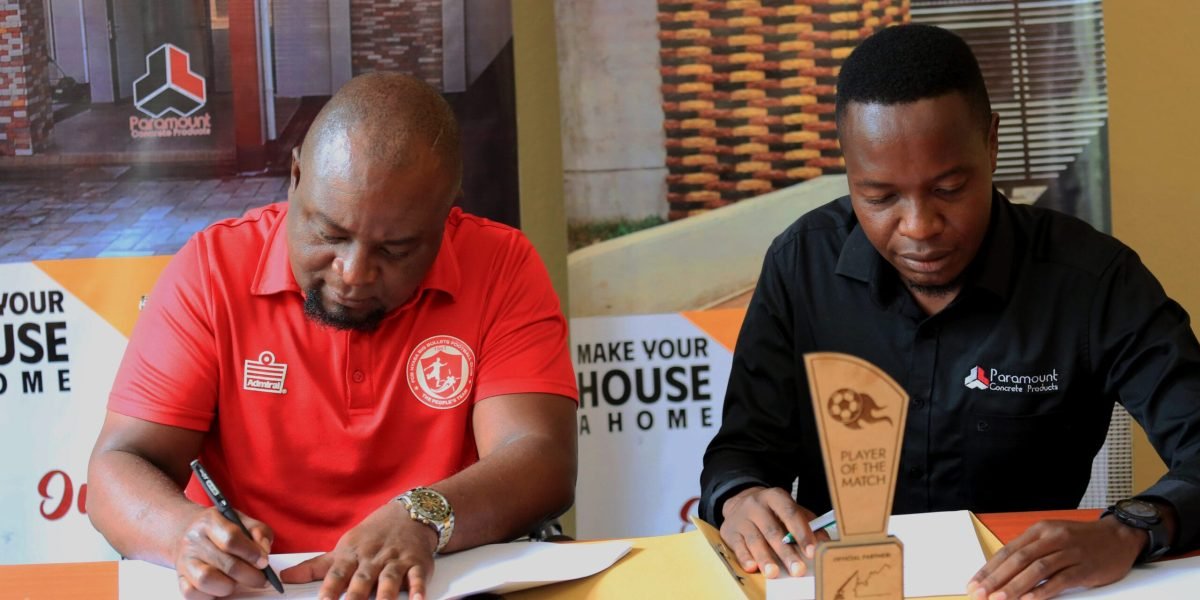 FCB Nyasa Big Bullets Chief Admin Officer Albert Chigoga and Paramount Concrete Products Arthur Kalinde signing the Player of the Match sponsorship agreement