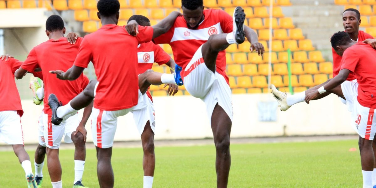 FCB Nyasa Big Bullets warming up for the CAF Champions League match against Dragon FC at Estadio de Malabo in Equatorial Guinea