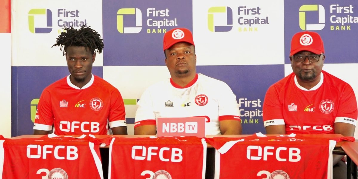 First Capital Bank Head of Marketing Twikale Chirwa flanked by Bullets captain Lloyd Aaron and CEO Albert Chigoga.