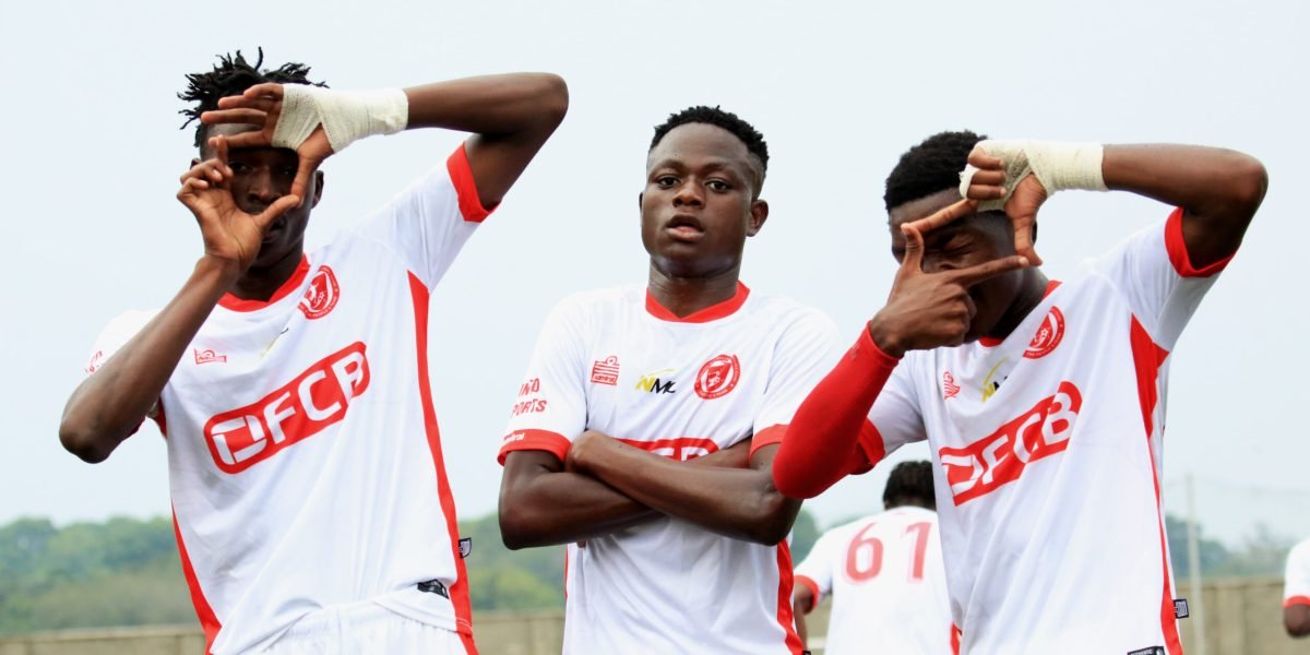 FCB Nyasa Big Bullets Reserves players Hadji Steven, Mtende Mayuni and Prince Chiumia celebrate after scoring the opening goal against Liberty FC at Mpira Stadium.
