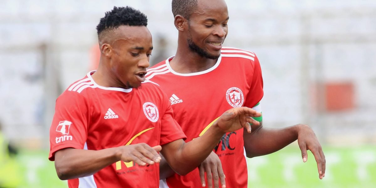 Misheck Seleman and Chimwemwe Idana celebrating Nyasa Big Bullets opener against Wanderers on 12 May 2022 at Kamuzu Stadium