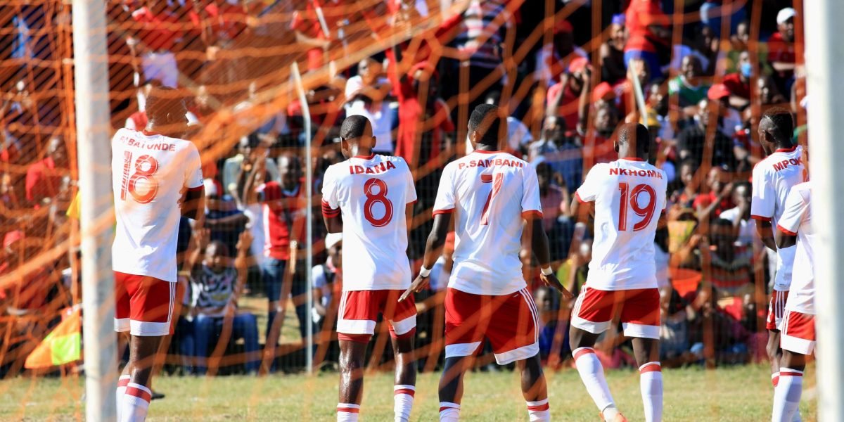 Nyasa Big Bullets celebrating Babatunde Adepoju's goal against Red Lions in the TNM Super League at Balaka Stadium