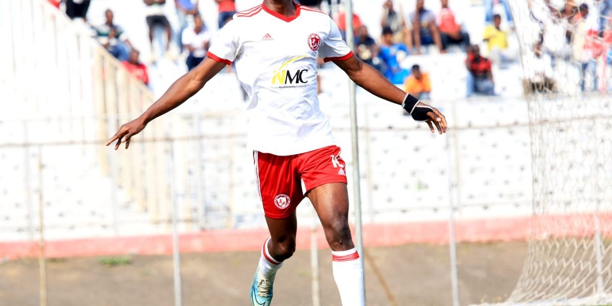 Nyasa Big Bullets forward Babatunde Adepoju celebrating his goal against Sable Farming