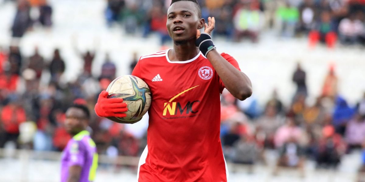 Nyasa Big Bullets forward Babatunde Adepoju celebrating his spotkick against Sable Farming. Photo by Kimpho Loka