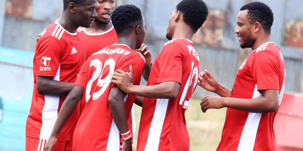 Nyasa Big Bullets players celebrating Lanjesi Nkhoma's second goal against Moyale Barracks at Kamuzu Stadium