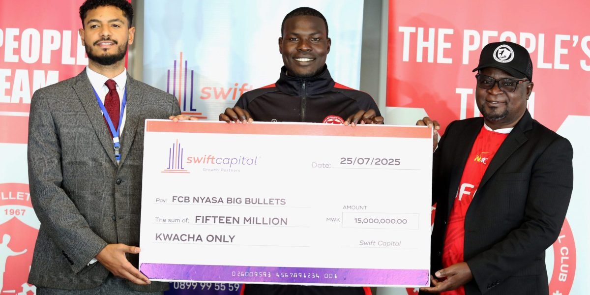 Swift Holdings Head of Operations Angelo Montersino handing the cheque to Bullets vice-captain Frank Willard and CEO Albert Chigoga